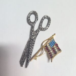Rhinestone Scissors & Flag Brooch Set - Silver and Gold